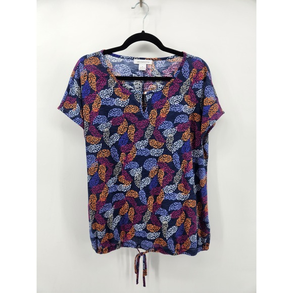 Liz Claiborne Womens Top Floral Print Short Sleeve Keyhole Tie Multicolor M - Picture 1 of 7